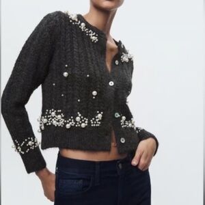Zara Grey Pearl Knit Cardigan
